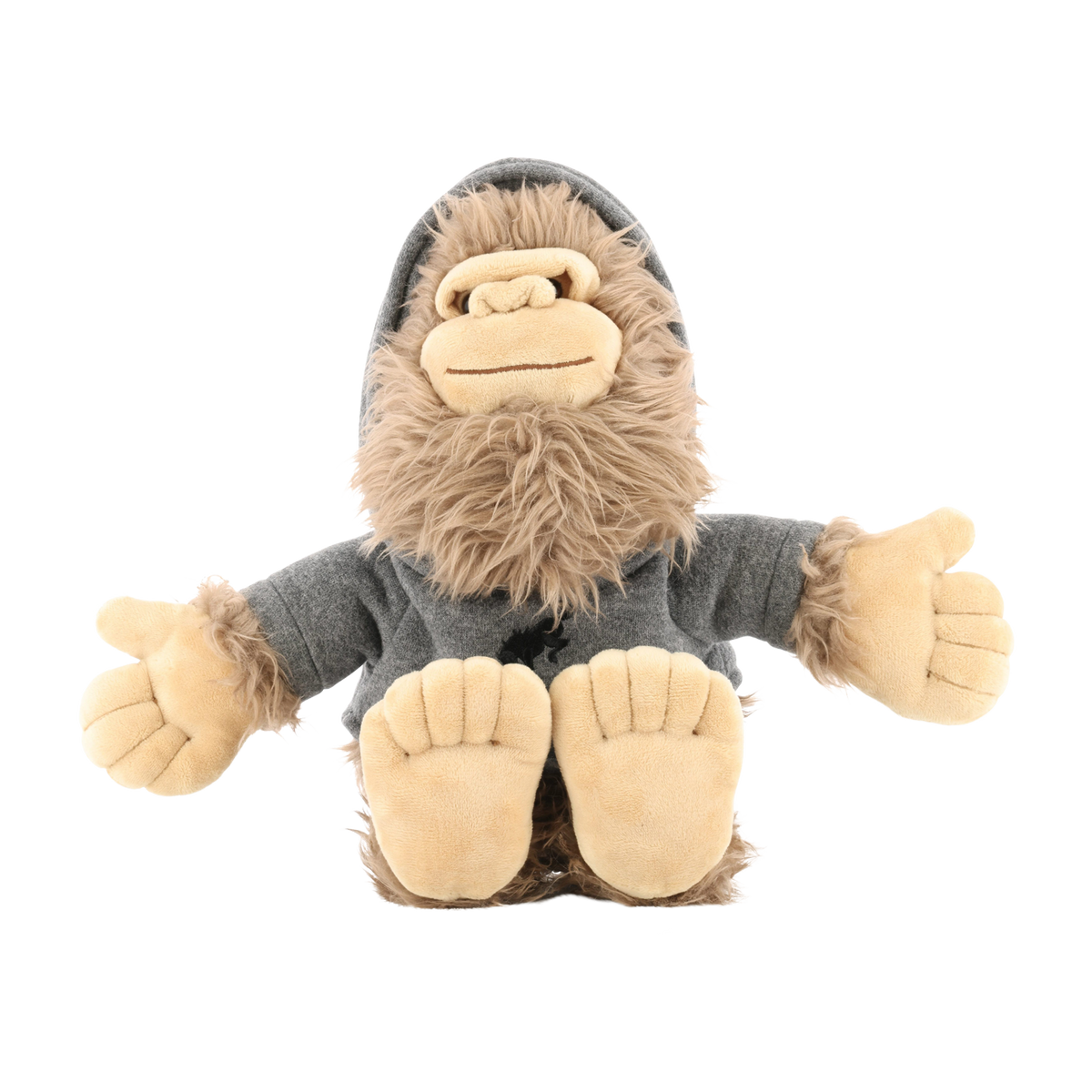 Plush toy resembling a sasquatch with a gray sweater on a white background