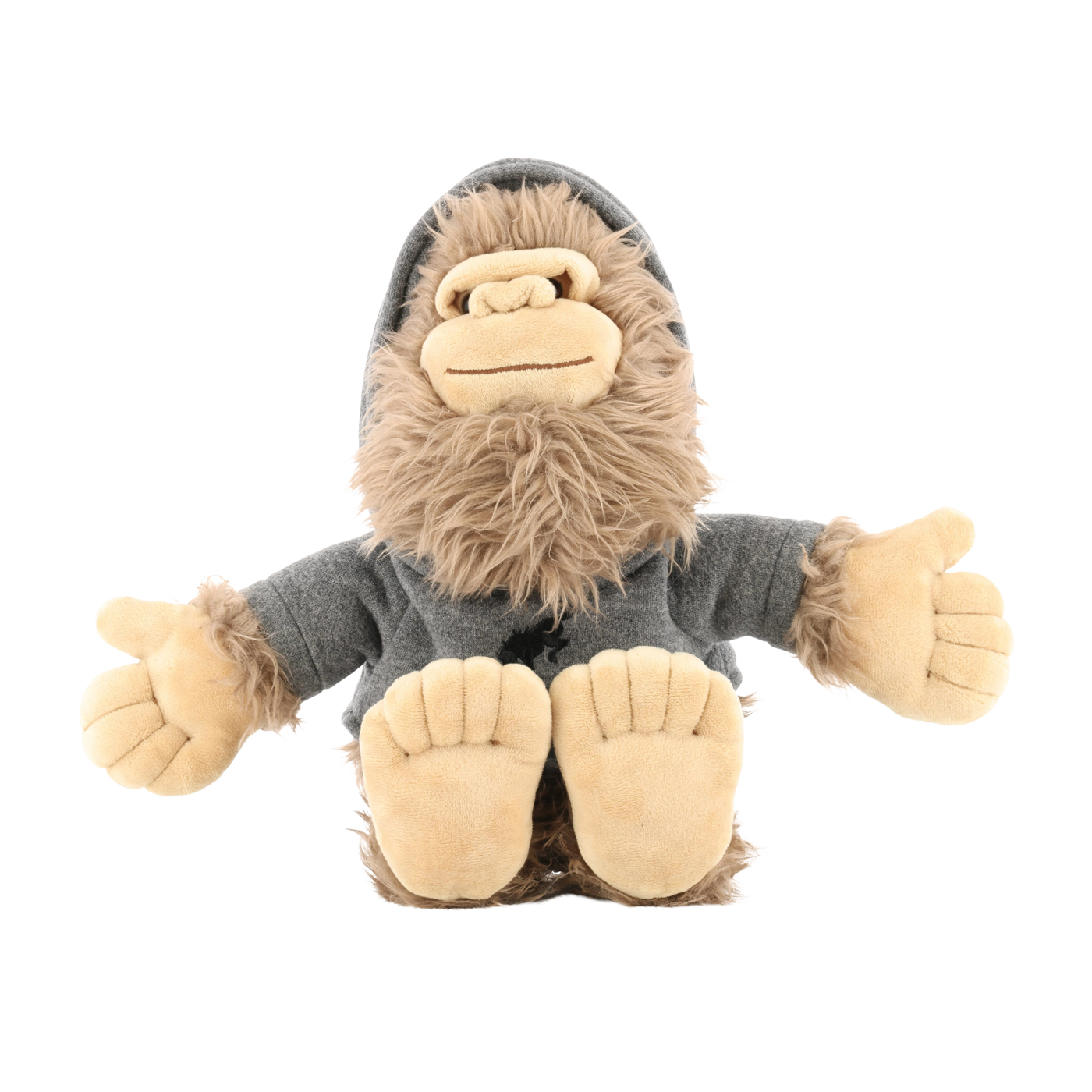 Plush toy resembling a sasquatch with a gray sweater on a white background