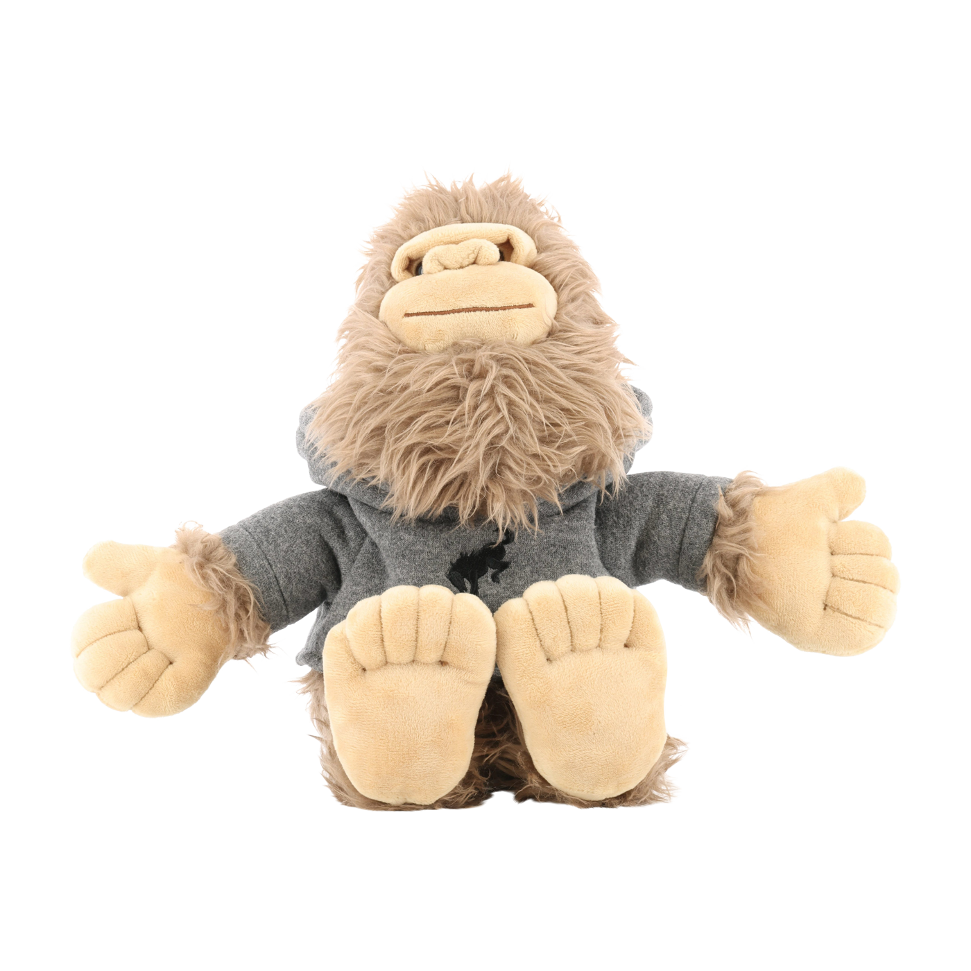 Plush toy resembling a sasquatch with a gray hoodie on a white background