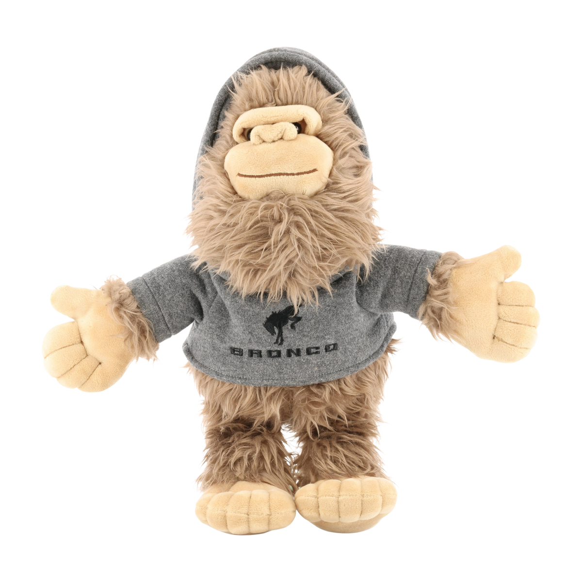 Plush toy resembling a sasquatch wearing a gray hoodie with 'Bronco' branding on a white background