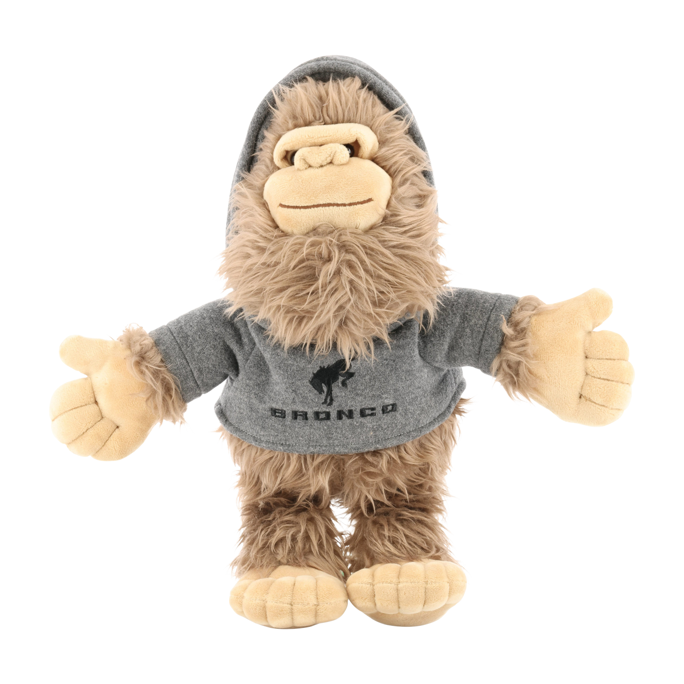 Plush toy resembling a sasquatch wearing a gray hoodie with 'Bronco' branding on a white background