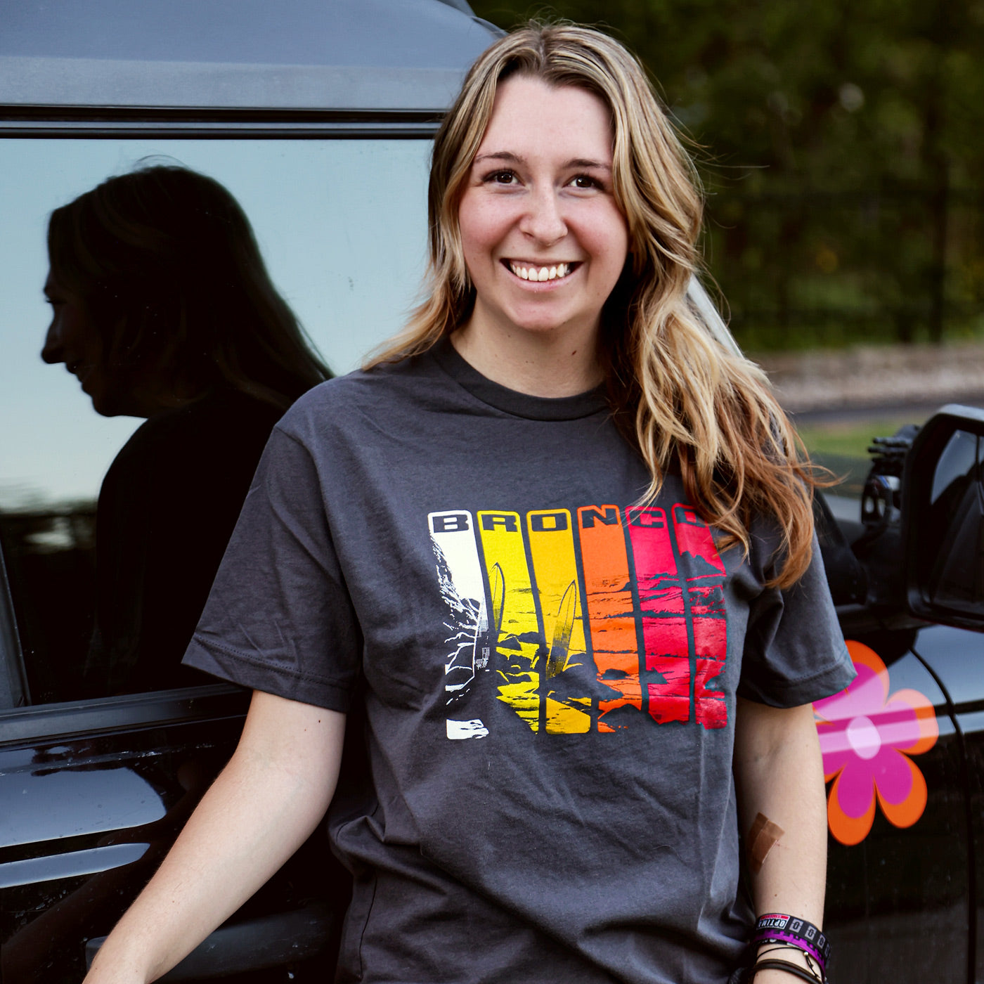 Ford Bronco Free Wheeling Striped Surfing Graphic T-Shirt