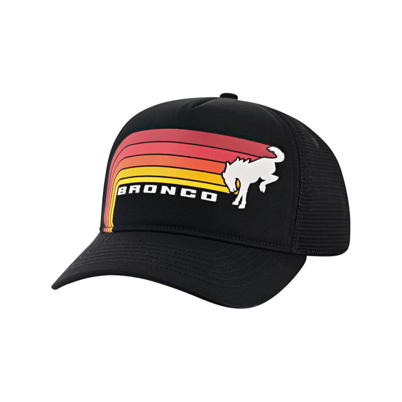 A black snapback hat with a 'Bronco' print featuring a white horse silhouette on a red and yellow curved stripe background on the front panel.