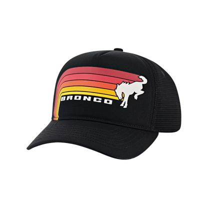 A black snapback hat with a 'Bronco' print featuring a white horse silhouette on a red and yellow curved stripe background on the front panel.