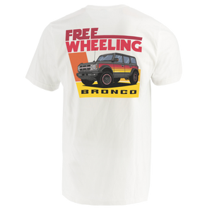 White men's t-shirt with 'FREE WHEELING BRONCO' text and an illustration of a Ford Bronco SUV in colors red, yellow, and blue.