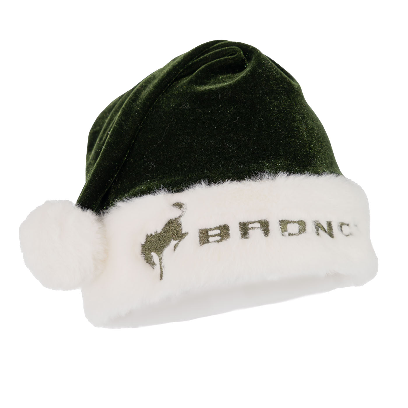 A green and white plush holiday hat with the Ford Bronco logo embroidered on the front trim.