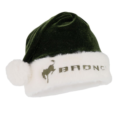 A green and white plush holiday hat with the Ford Bronco logo embroidered on the front trim.