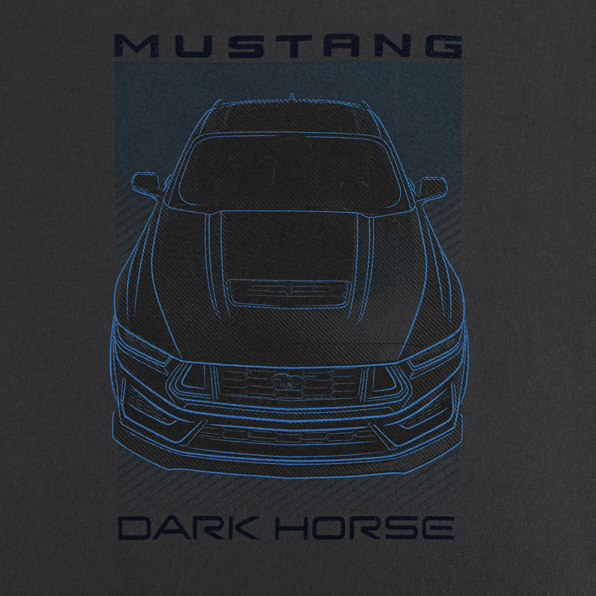 Black t-shirt with blue outline of a Mustang and 'Dark Horse' text on a black background