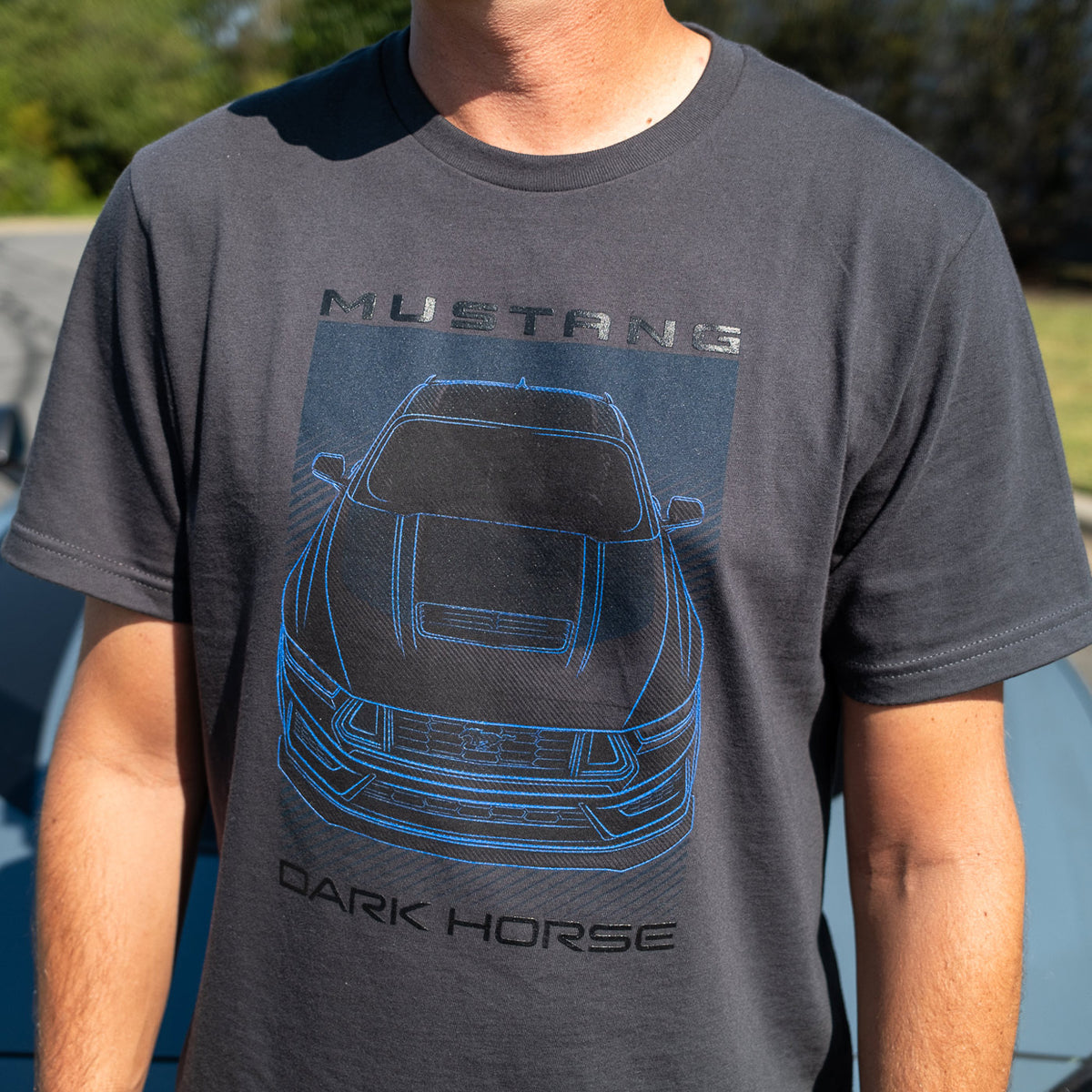close up of a Mustang Dark horse blue graphic on a gray t-shirt