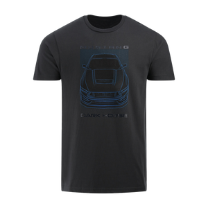 Black t-shirt with blue car graphic and text on a white background