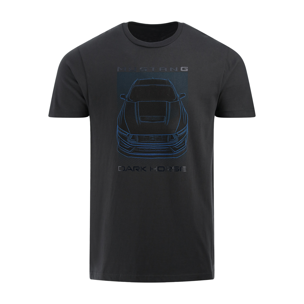 Black t-shirt with blue car graphic and text on a white background