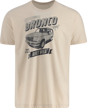 A beige Ford Bronco Men's Retro T-Shirt with a graphic print of a classic Bronco truck and the text 'Built Wild'.