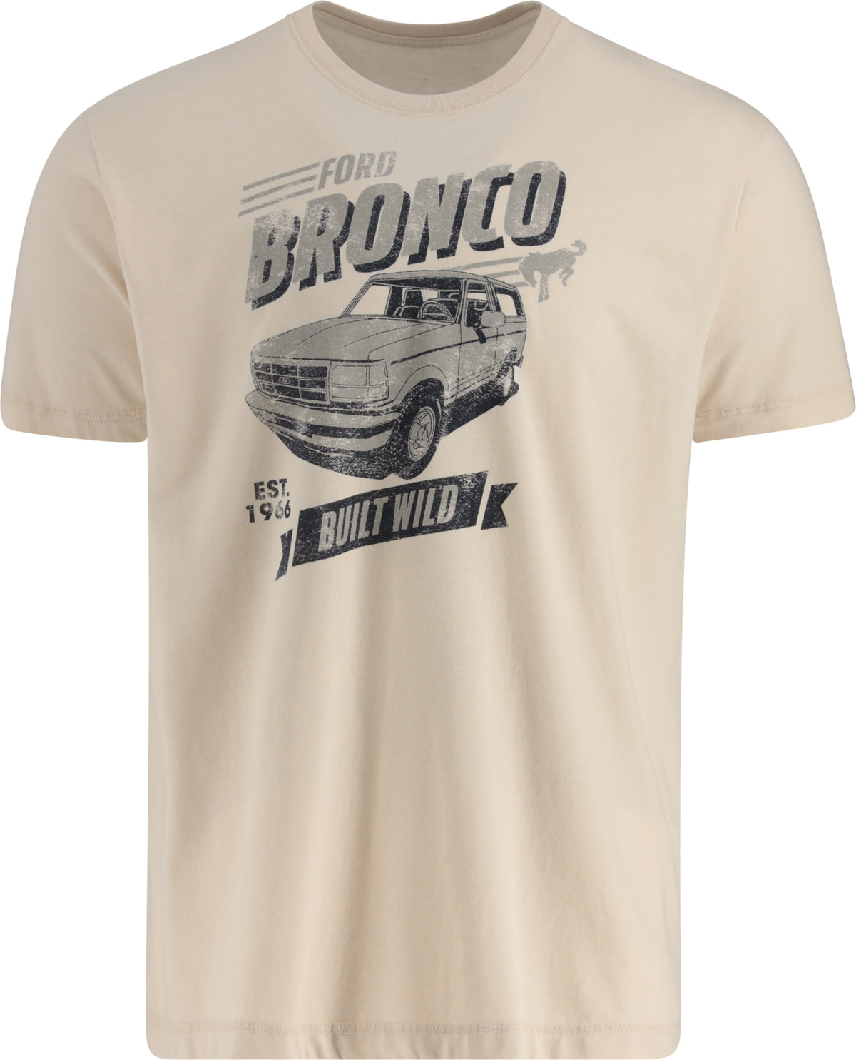 A beige Ford Bronco Men's Retro T-Shirt with a graphic print of a classic Bronco truck and the text 'Built Wild'.