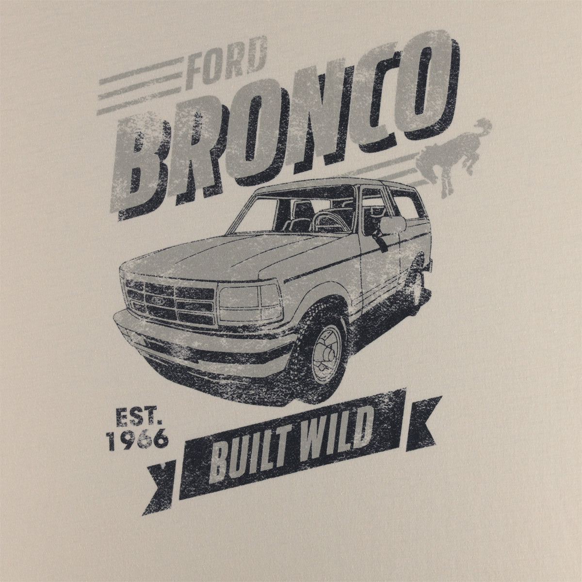 Ford Bronco Built wild text with a graphic Bronco SUV on a cream background