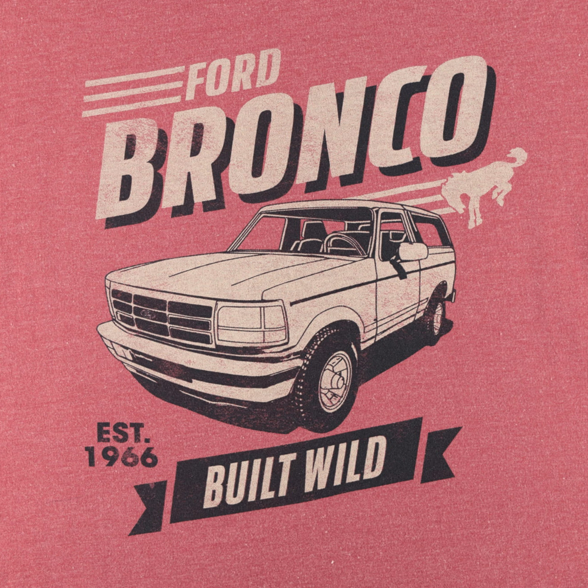 Ford Bronco Built wild text and Bronco SUV graphic on a red background