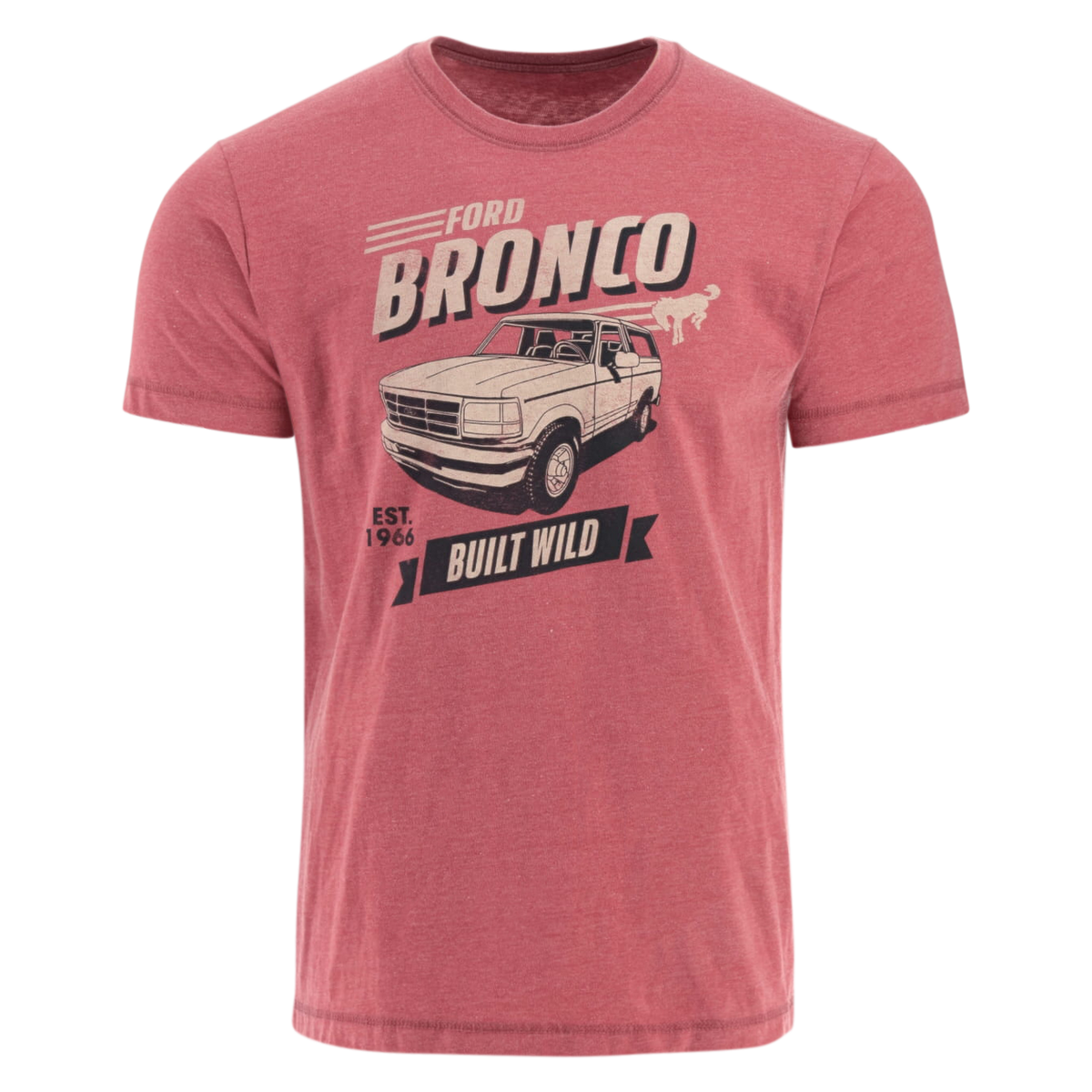 red Ford Bronco Built wild shirt with a beige bronco graphic