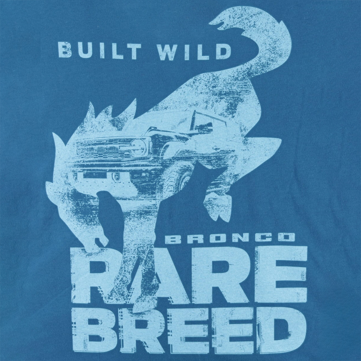 a bronco built wild bucking bronco graphic in light blue on a dark blue t-shirt