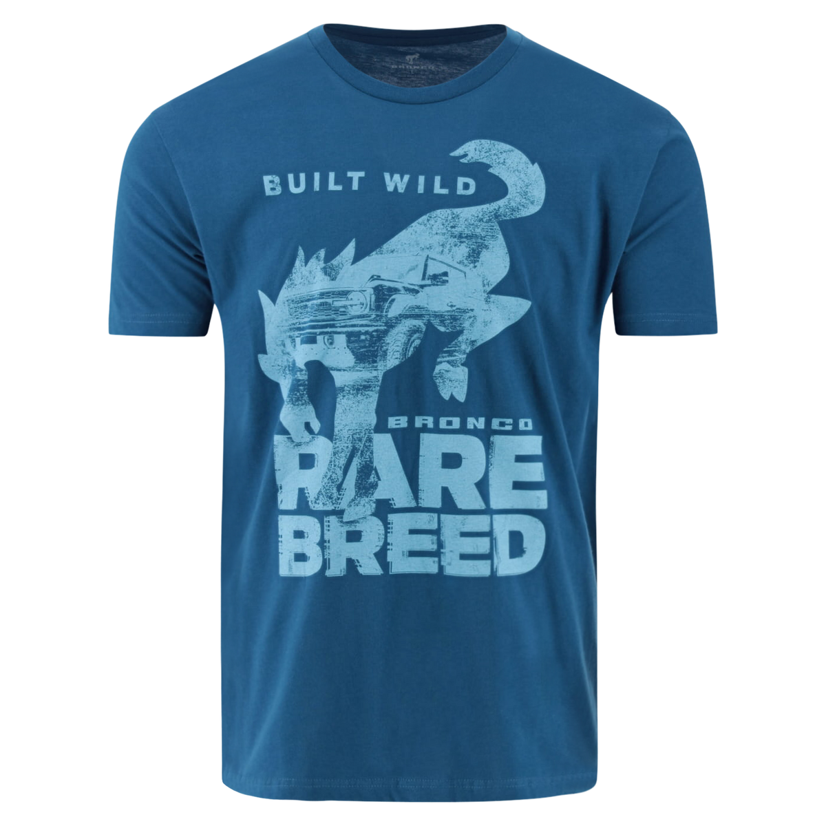 A blue Ford Bronco Men's T-shirt with a graphic print of a dragon and text 'RARE BREED' on the front.