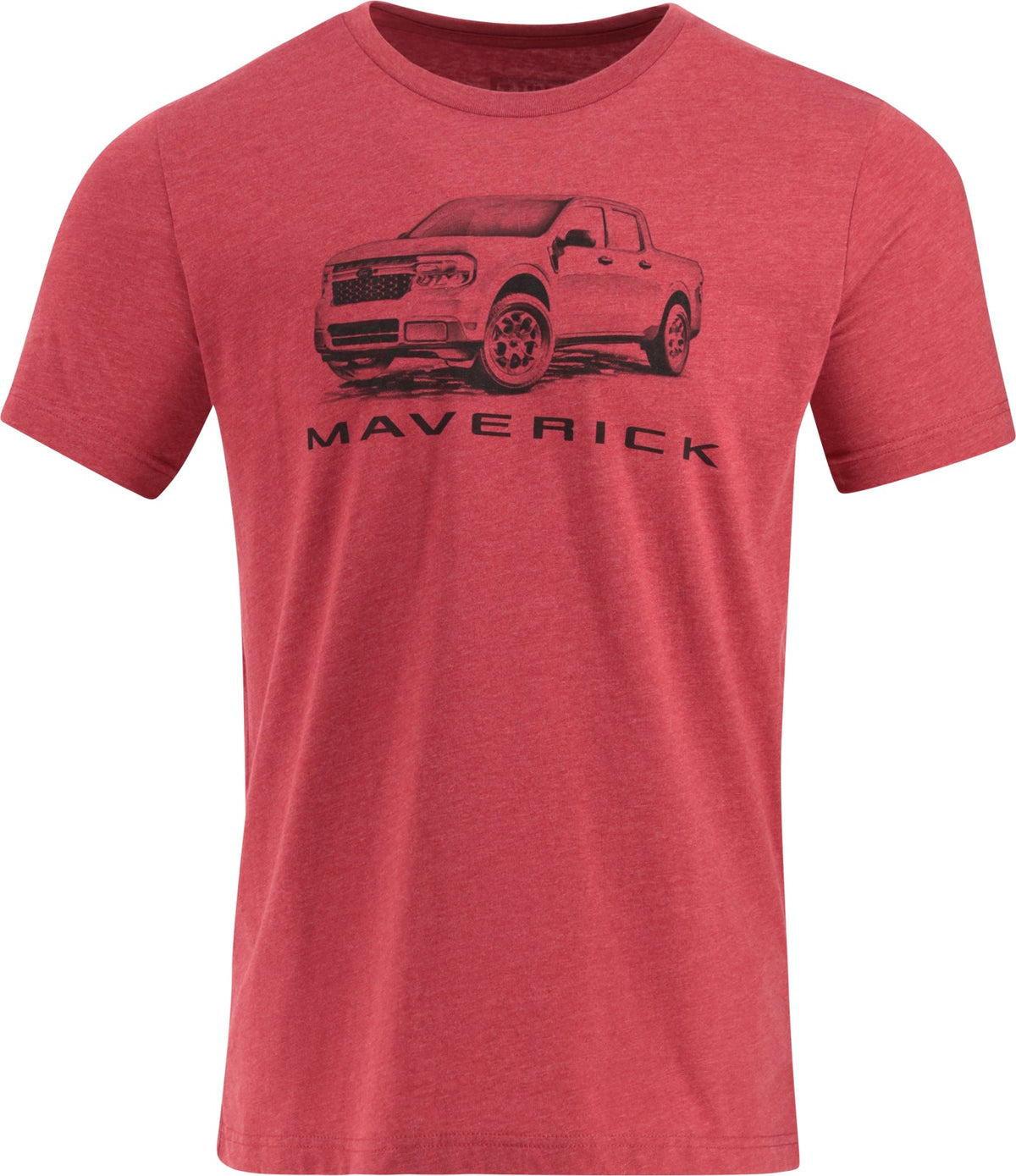 Red men's t-shirt with a graphic of a Ford Maverick truck and the text 'MAVERICK' on the front.