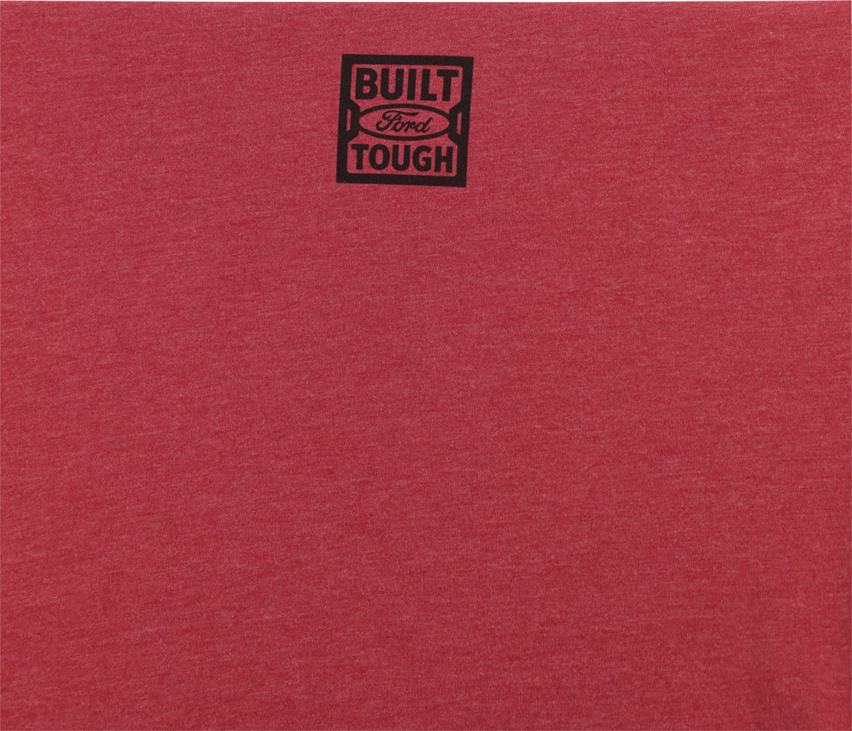 close up of a built ford tough logo on a red background