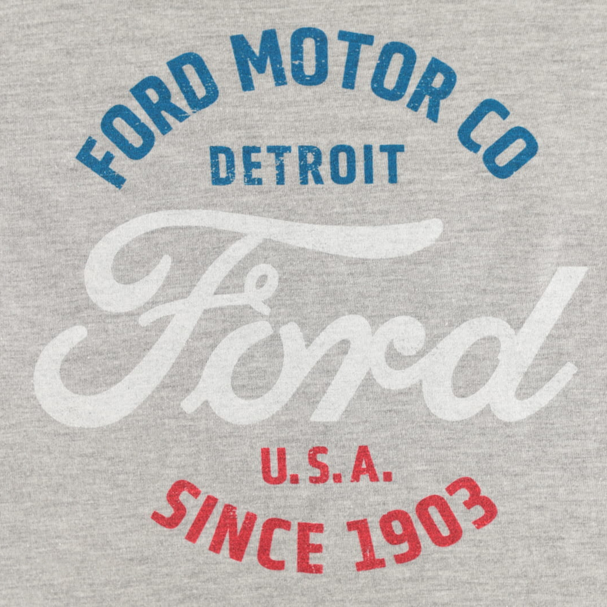 Ford Motor co Detroit, Ford script, and USA since 1903 text on a gray background