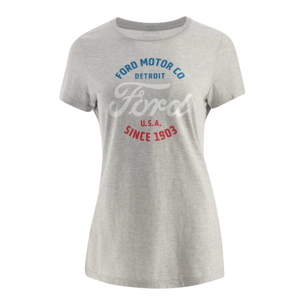 Women's short-sleeved gray t-shirt with Ford Motor Co. branding in red and blue text.
