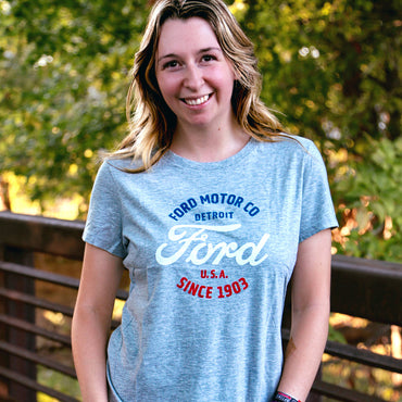 Ford Motor Co 1903 Red White & Blue Gray Womens T Shirt