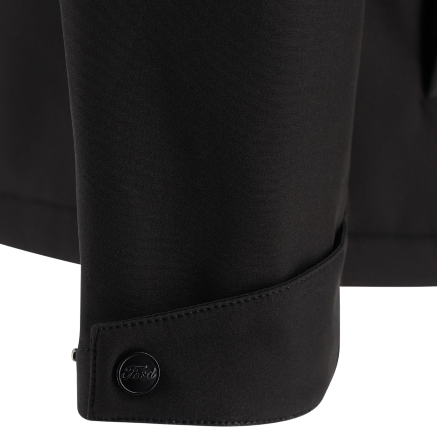 Close-up of a black jacket with a button on a white background
