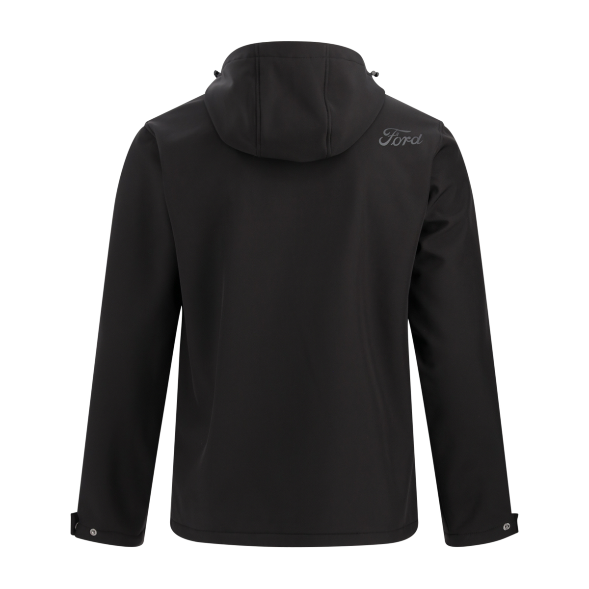 Black jacket with a brand logo on the back against a white background
