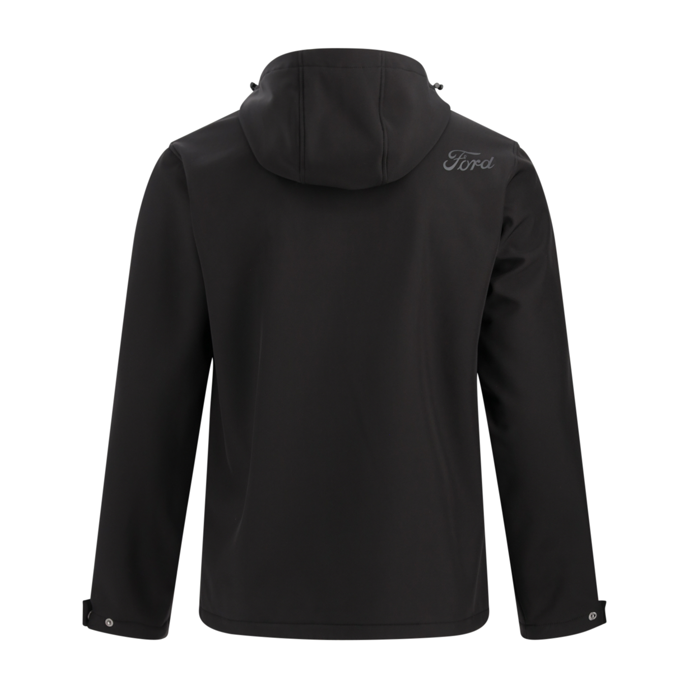 Black jacket with a brand logo on the back against a white background