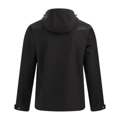 Black jacket with a brand logo on the back against a white background