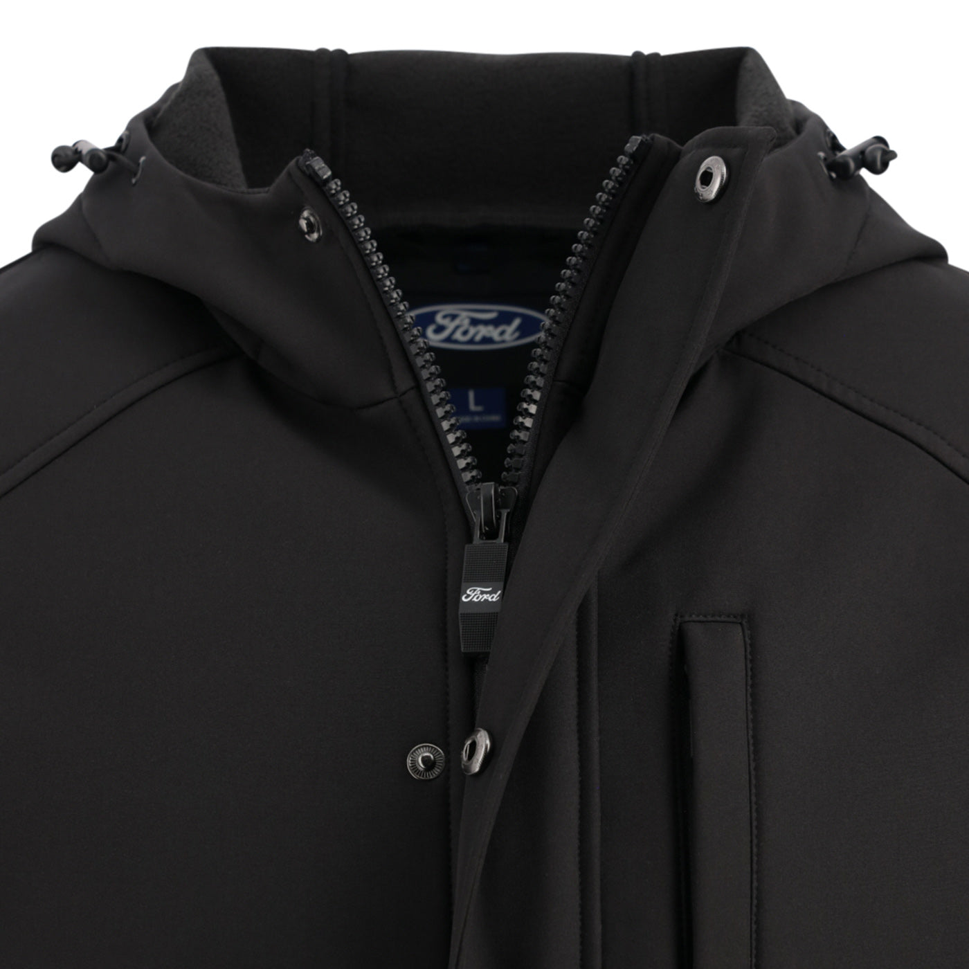 Black jacket with Ford logo on zipper