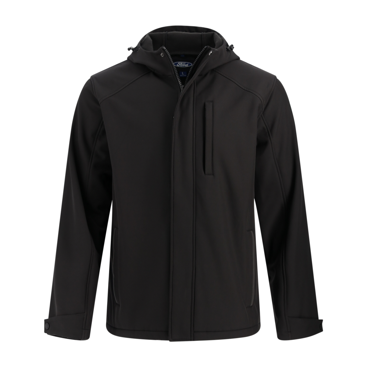 Black jacket with a hood on a white background