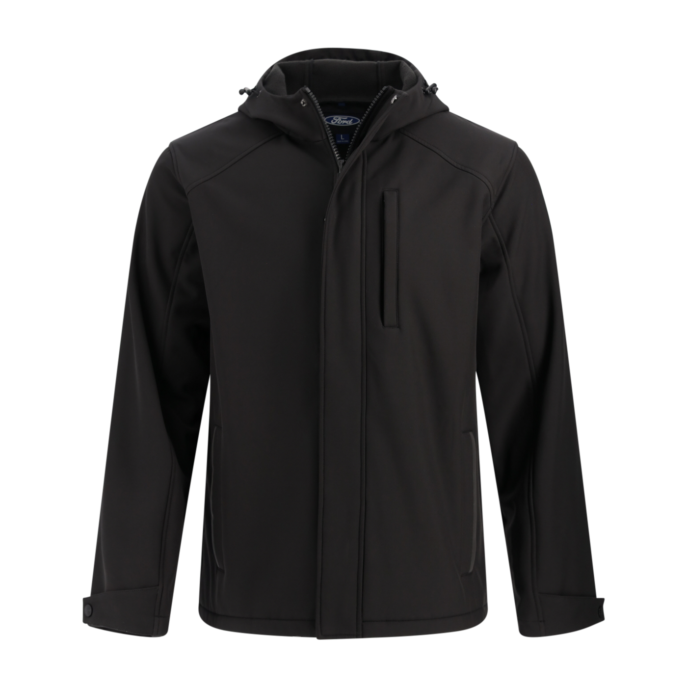 Black jacket with a hood on a white background