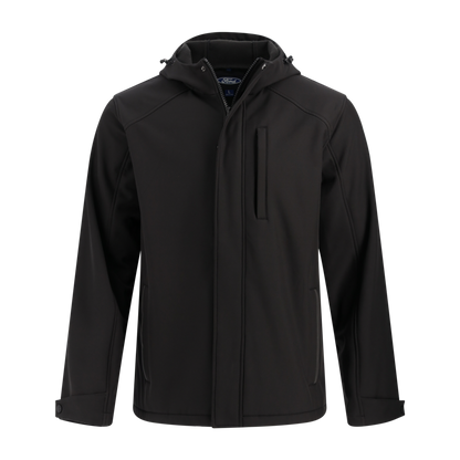 Black jacket with a hood on a white background