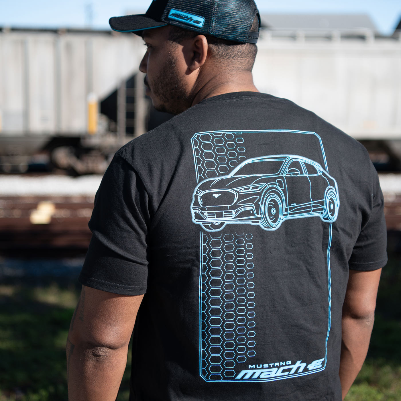 Ford Mustang Mach-E Mens Electric Blue Tire Tread T-Shirt