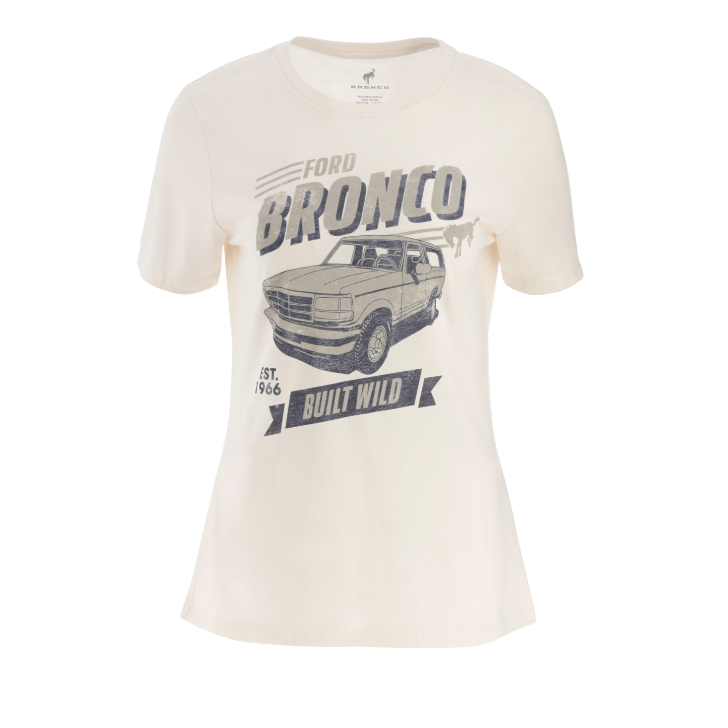 Women's white Ford Bronco t-shirt with graphic print of a Bronco truck and the slogan 'Built Wild'.