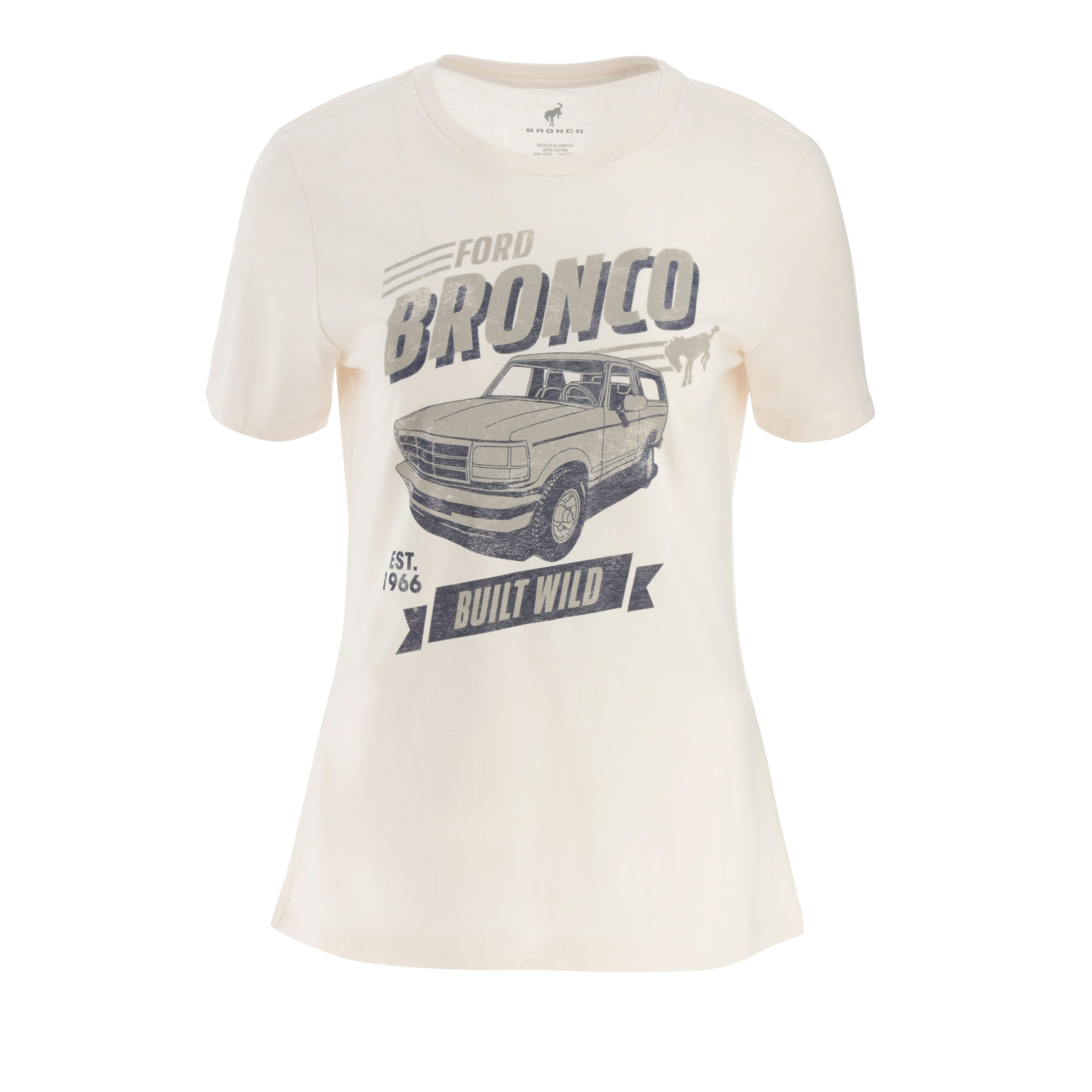 Women's white Ford Bronco t-shirt with graphic print of a Bronco truck and the slogan 'Built Wild'.