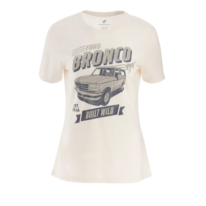 Women's white Ford Bronco t-shirt with graphic print of a Bronco truck and the slogan 'Built Wild'.