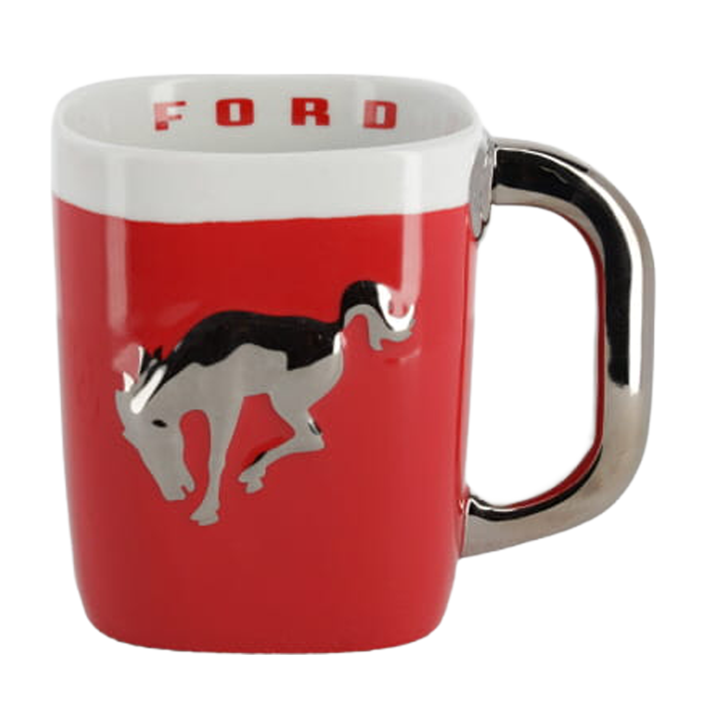 A red and white coffee mug with 'Bronco' text on the side.