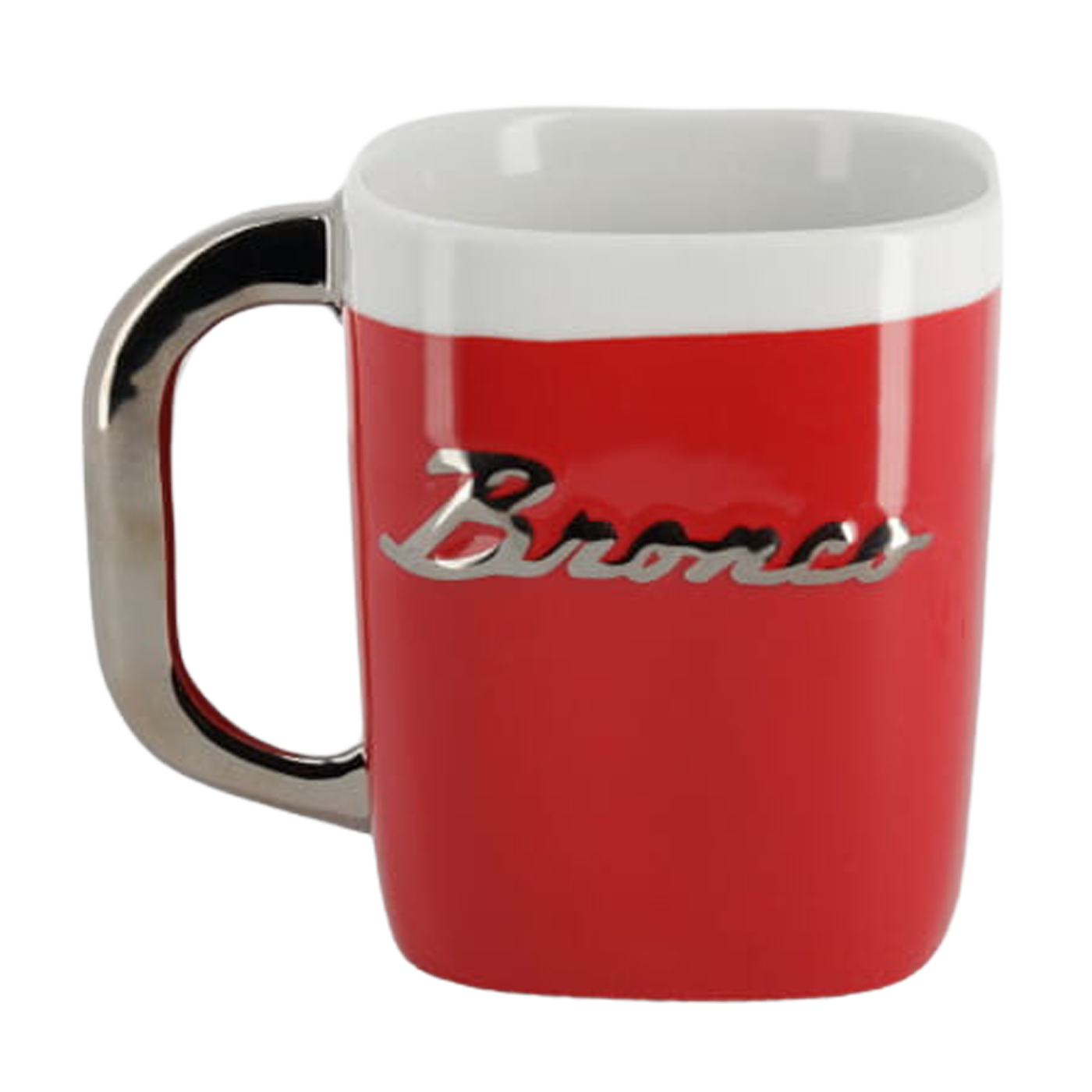 A red and white coffee mug with 'Bronco' text on the side.