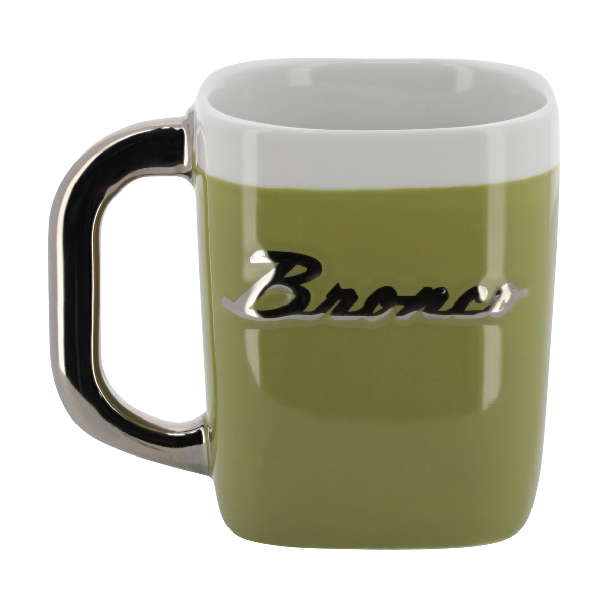 Green mug with 'Bronco' branding on a white background