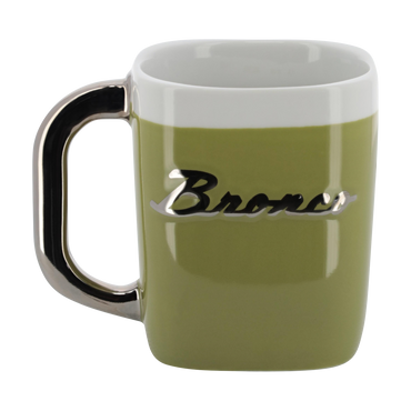 Green mug with 'Bronco' branding on a white background