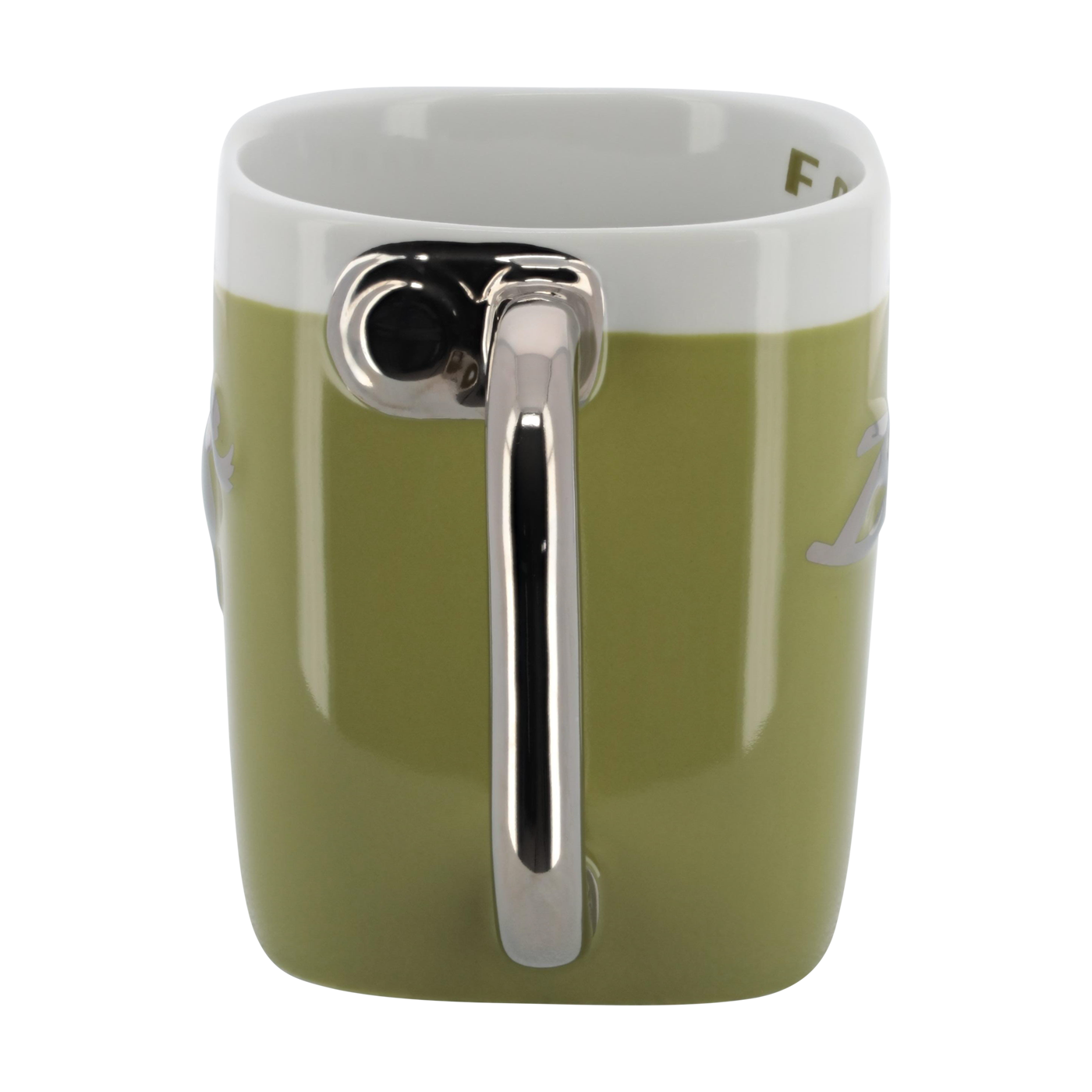 Green mug with a silver handle on a white background