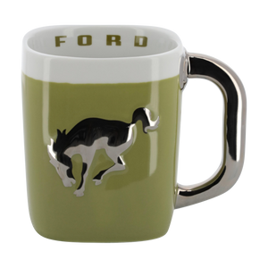 Green mug with Bronco horse design and 'Ford' branding on a white background