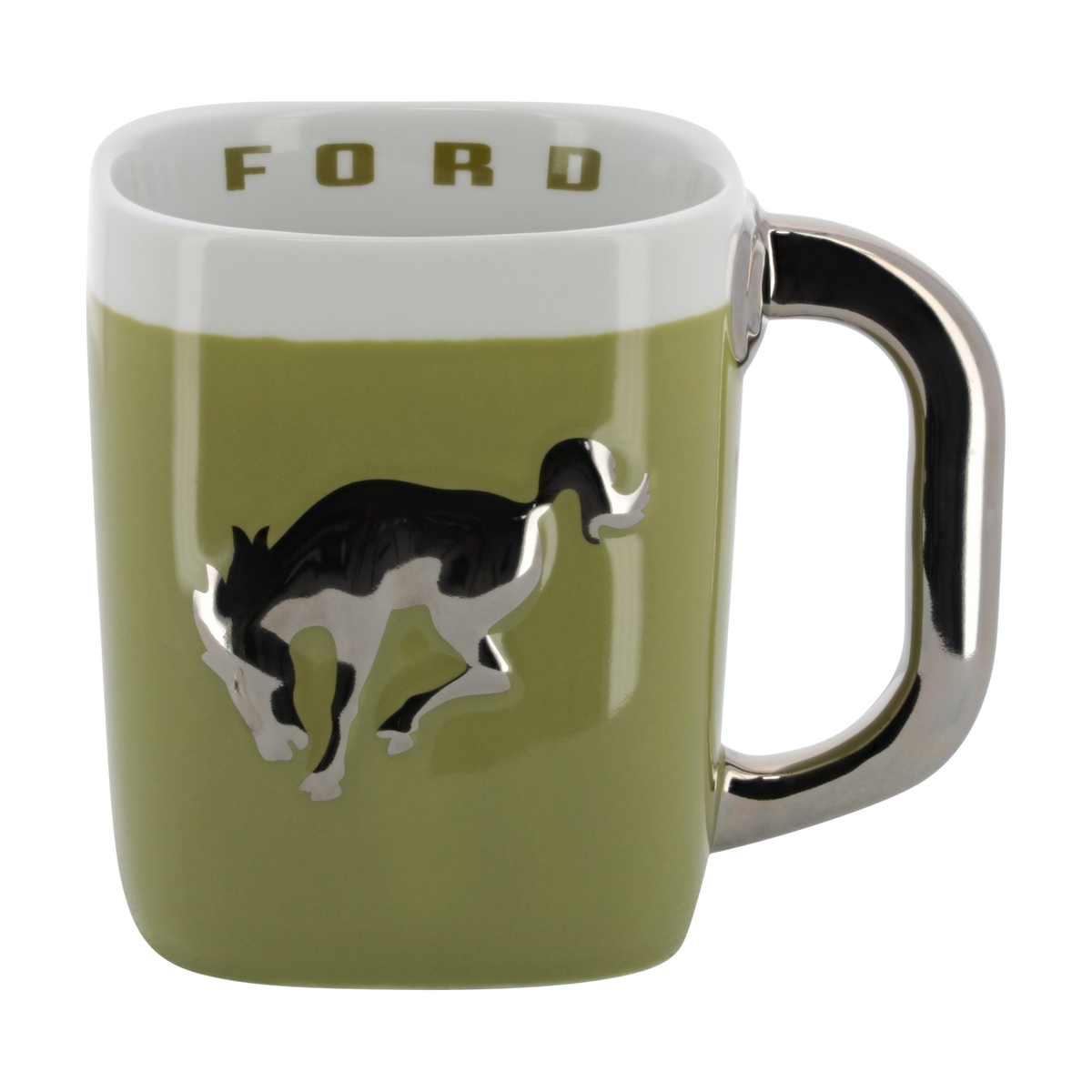 Green mug with Bronco horse design and 'Ford' branding on a white background