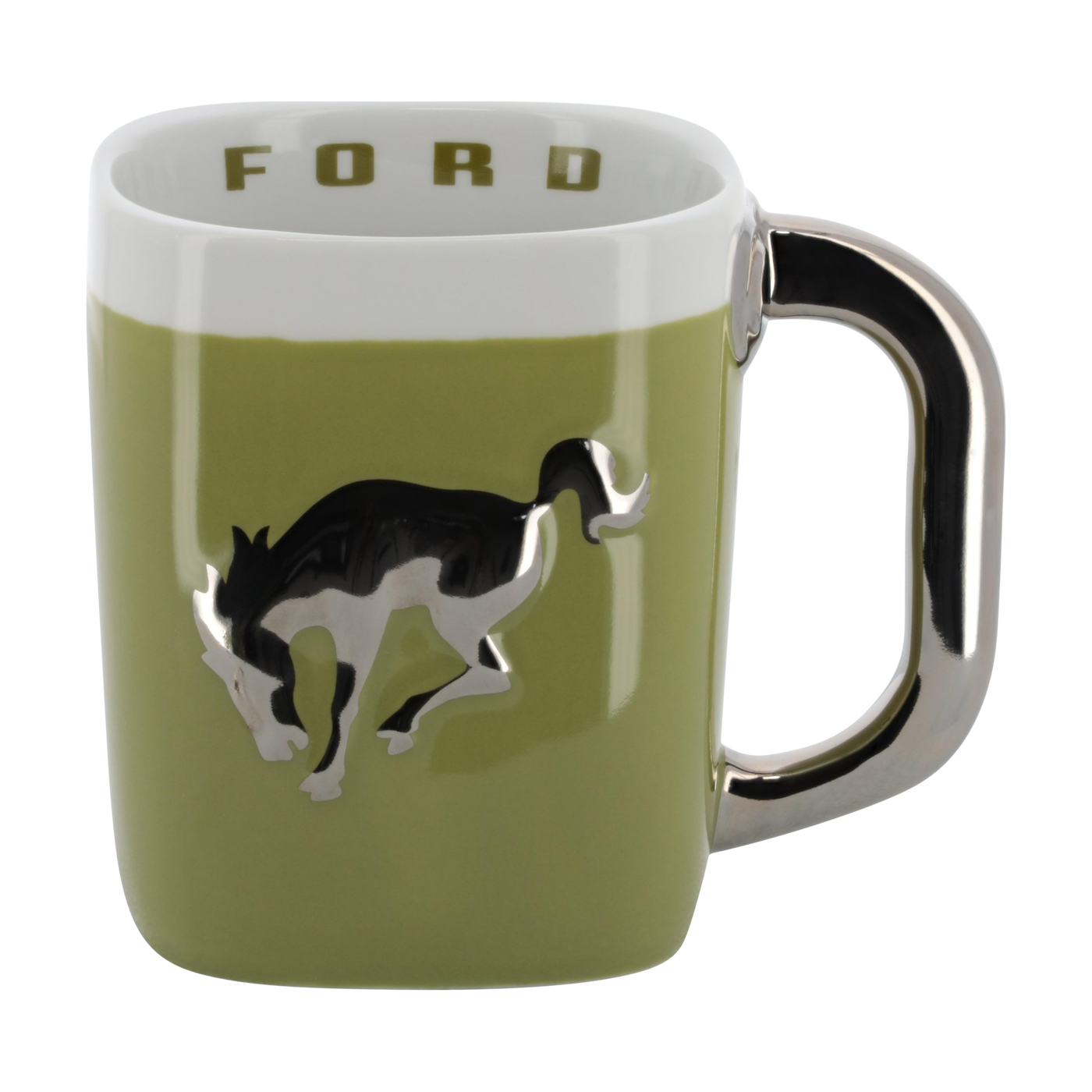 Green mug with Bronco horse design and 'Ford' branding on a white background