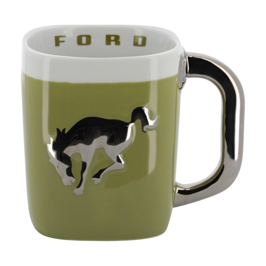 Green mug with Bronco horse design and 'Ford' branding on a white background