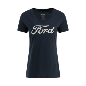 A navy blue women's V-neck T-shirt with the Ford script logo in white.