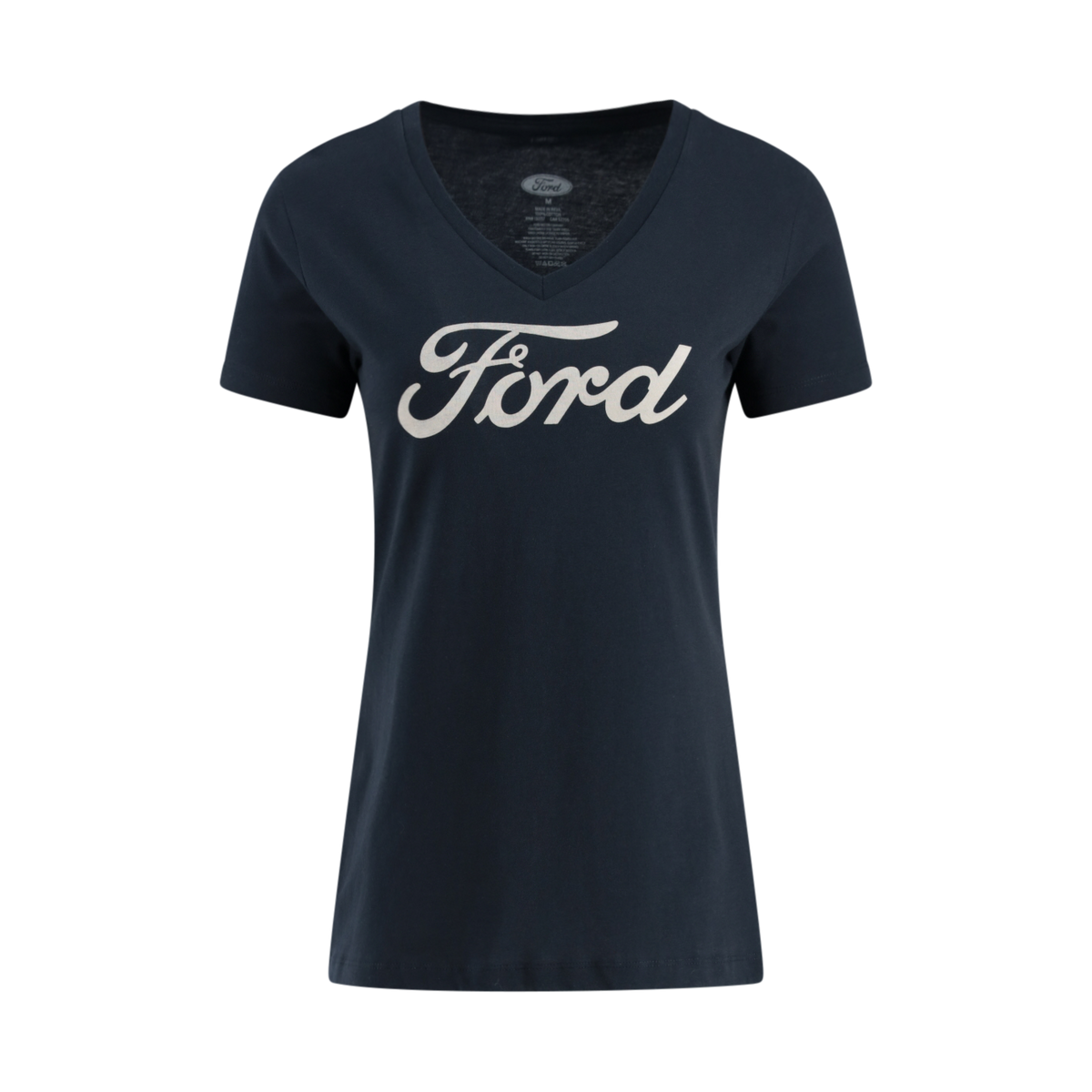 A navy blue women's V-neck T-shirt with the Ford script logo in white.